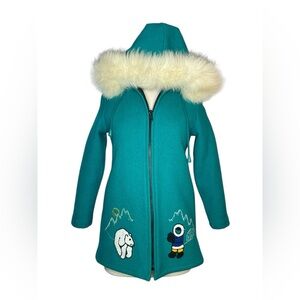 Vintage Northern Sun Teal Hooded Kids Girls Wool Jacket Parka with Fur Trim